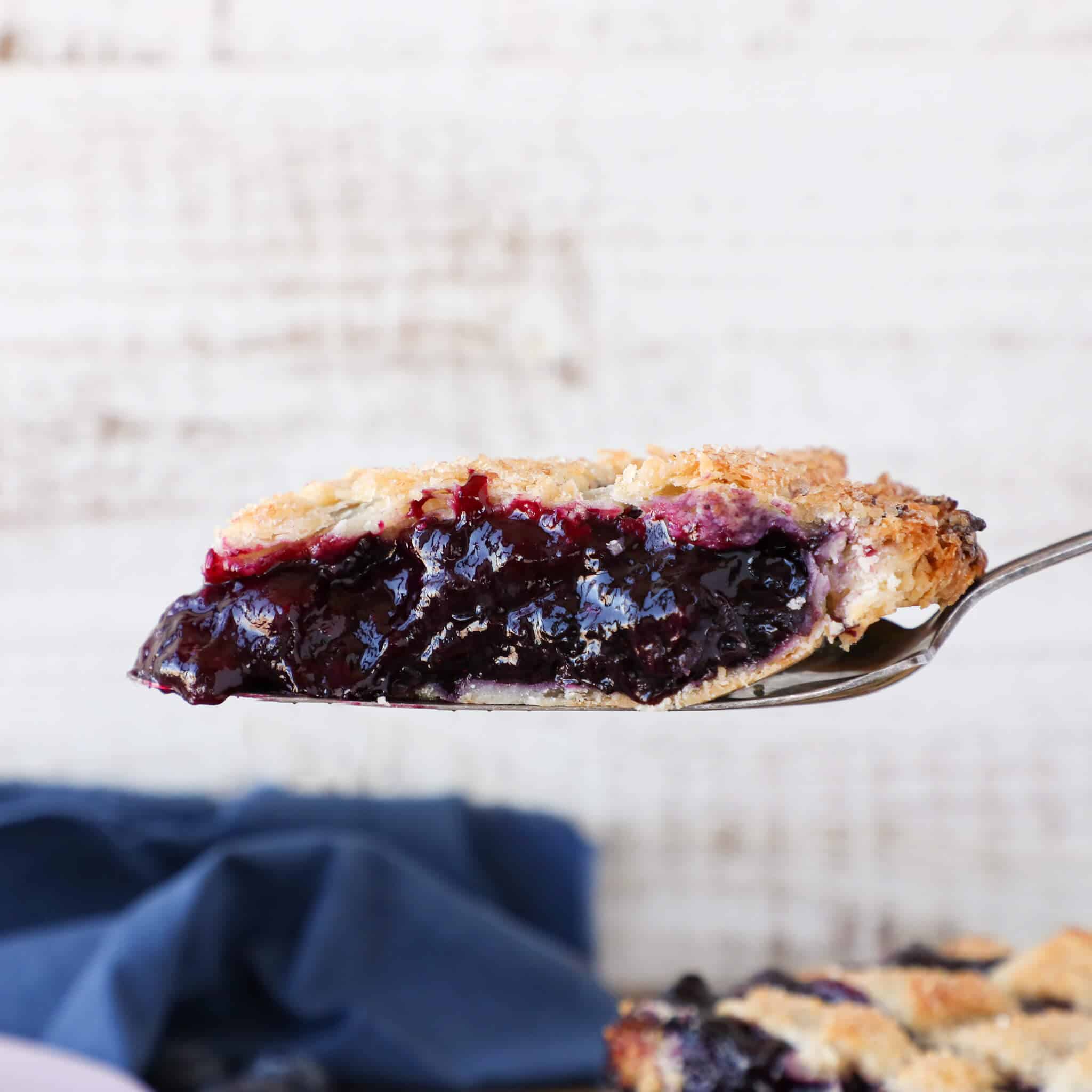 A slice of blueberry pie on a pie server with the thick filling holding in place.