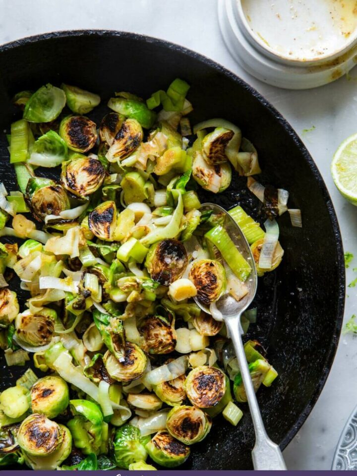 Brussels Sprouts and Leeks with Lime Ginger Butter Purple Border
