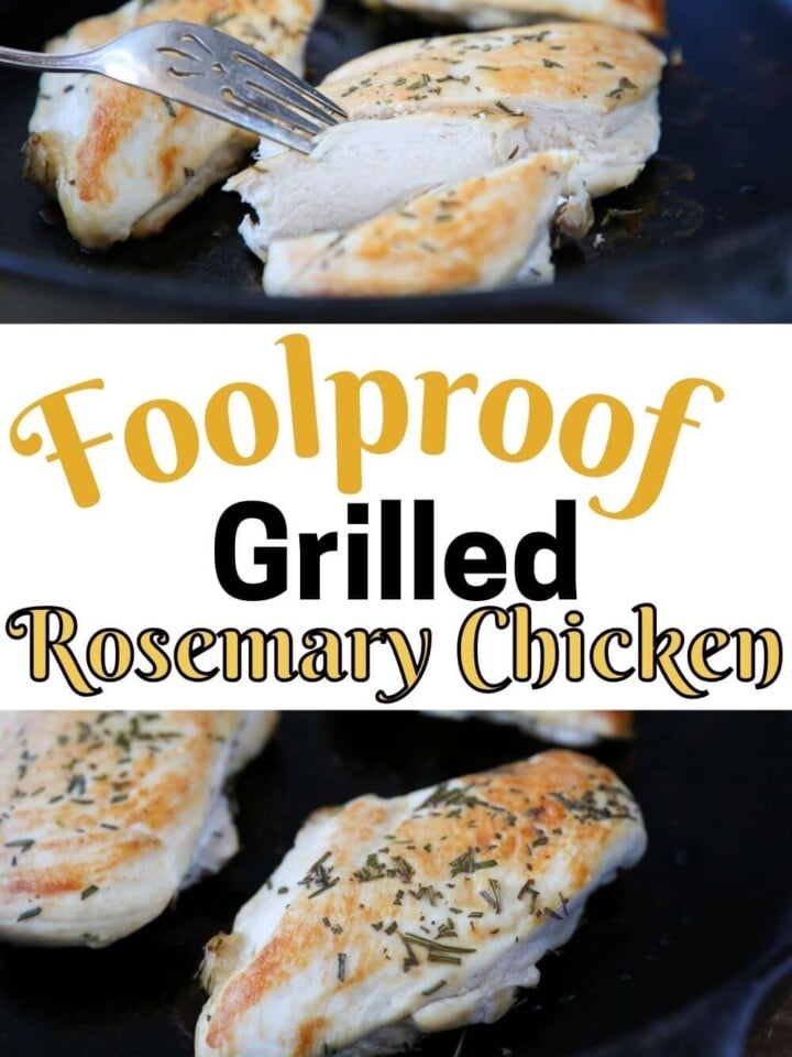 grilled chicken in black cast iron pan with text.