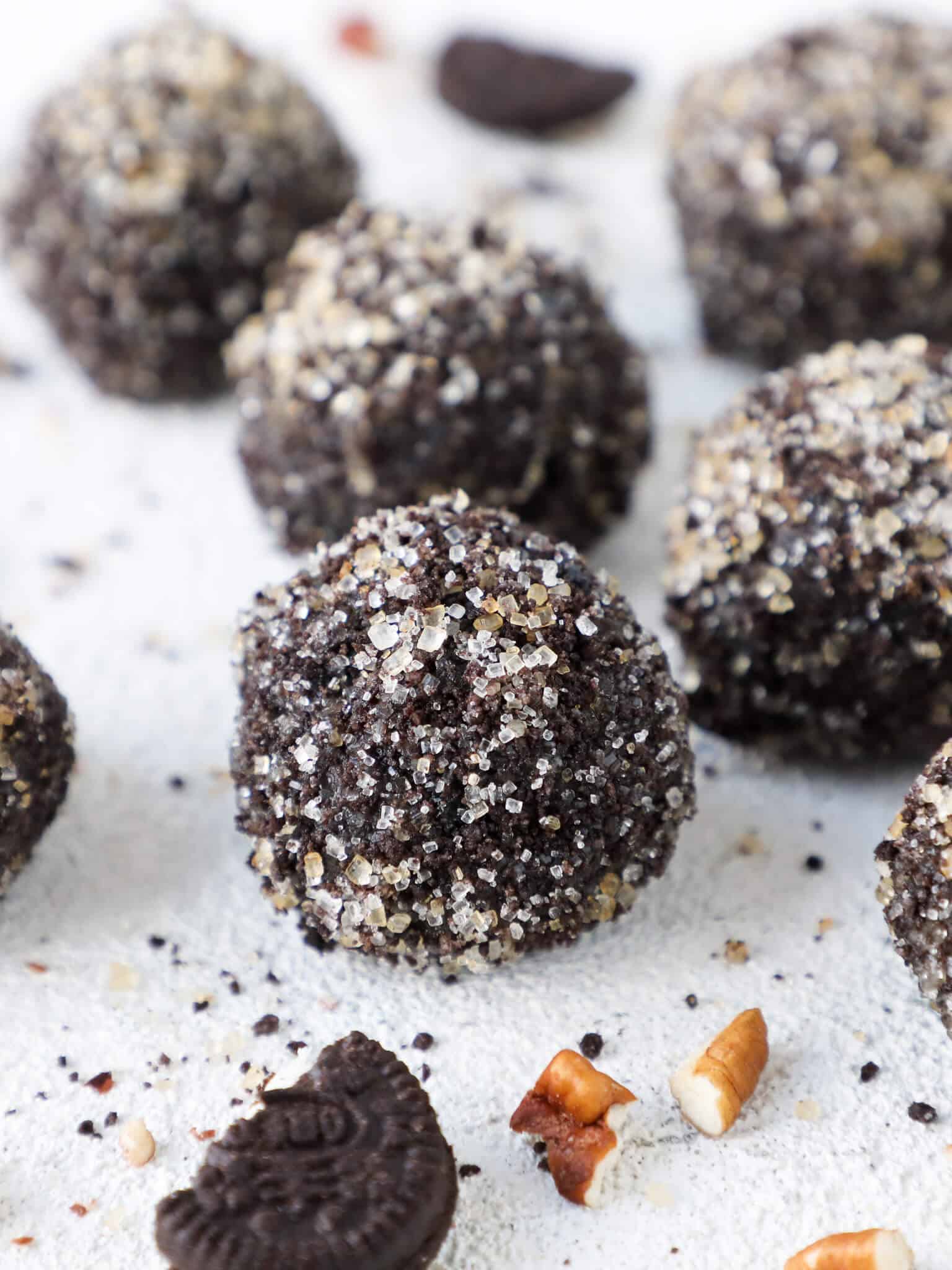 Black Forest Brandy Balls on white countertop.