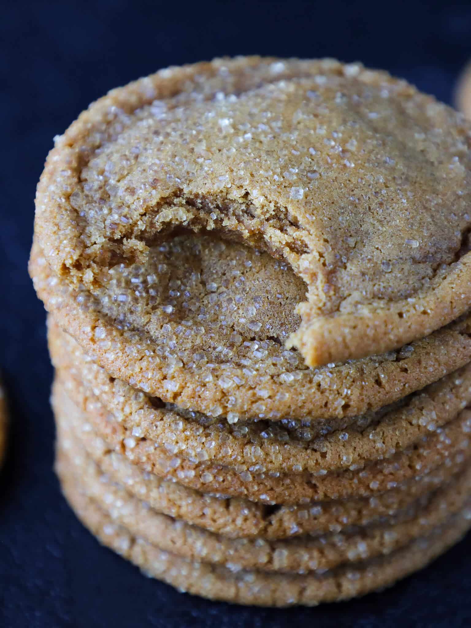 Chewy Molasses Cookies stacked for a traditional christmas cookies.