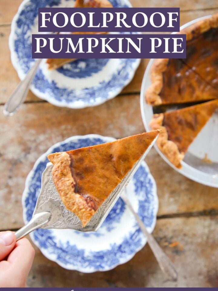 pumpkin pie slice on wooden board with purple boarder