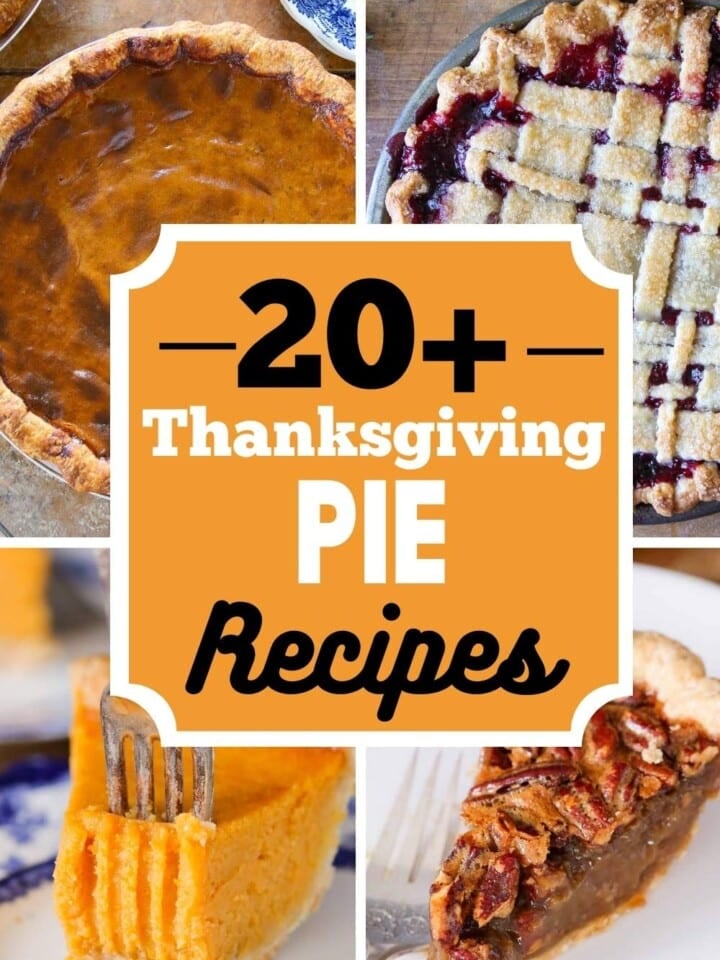 4 images of thanksgiving pie recipes with text.