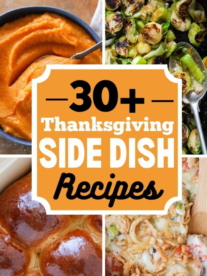 4 images of thanksgiving side dish recipes with text.