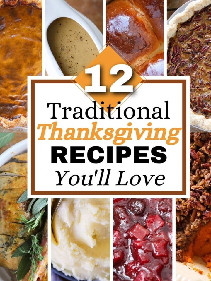 8 images of traditional thanksgiving dinner recipes with text.