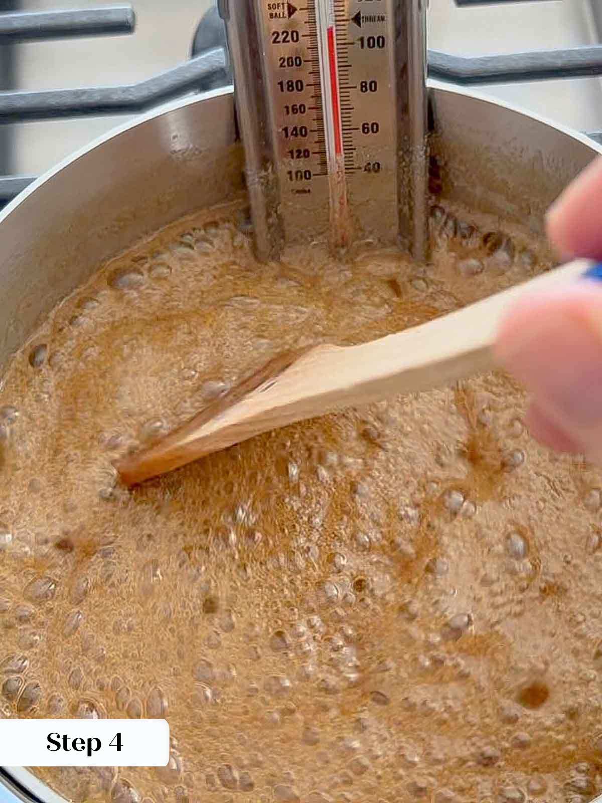 boiling pecan praline candy with thermometer.