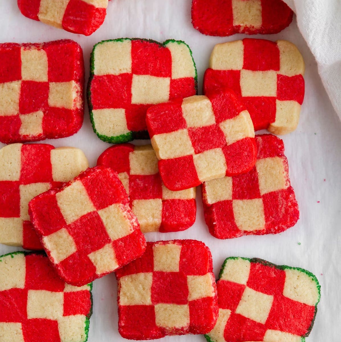 white and red peppermint checkerboard cookies.