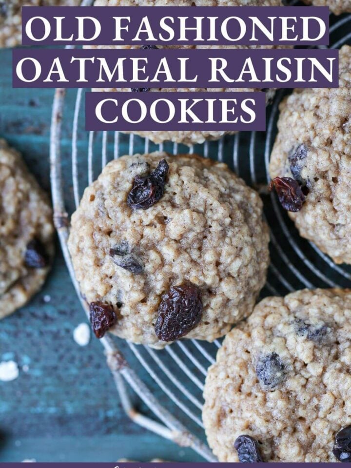Old Fashioned Oatmeal cookies in a group with raisins studding the tops.
