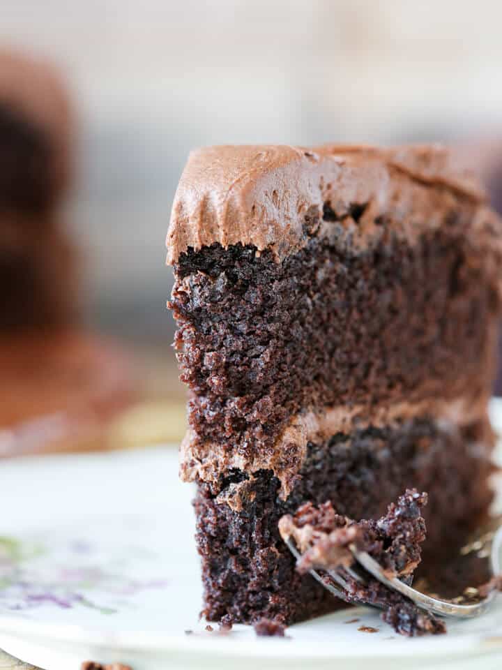 One Bowl Chocolate Cake with two layers and a moist crumb for Easy Chocolate Desserts Valentine's Day Desserts.