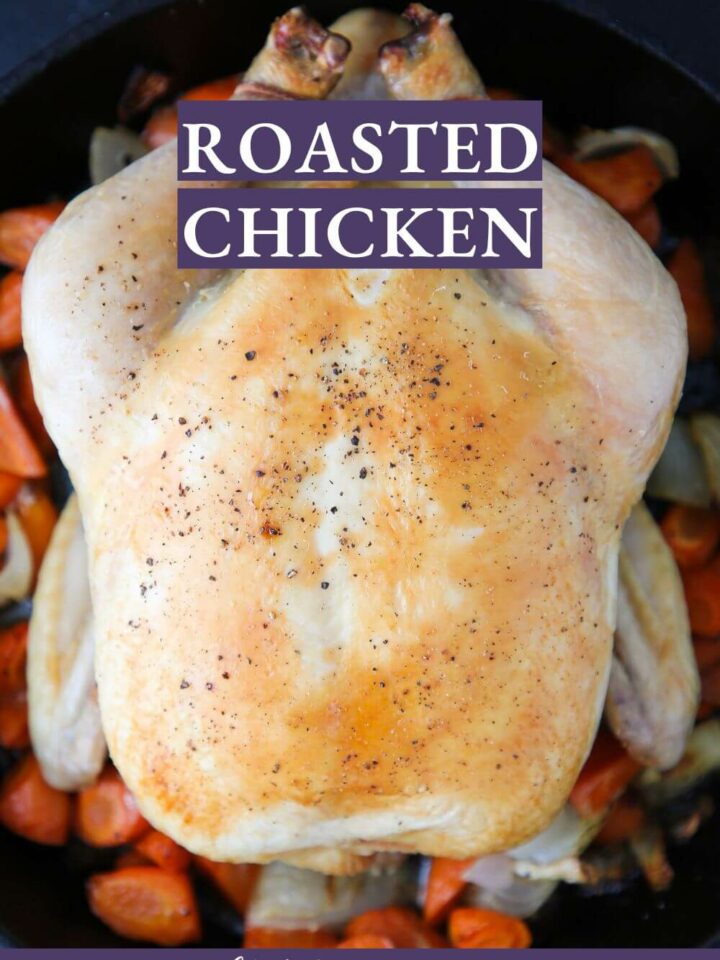 whole roasted chicken with purple text.