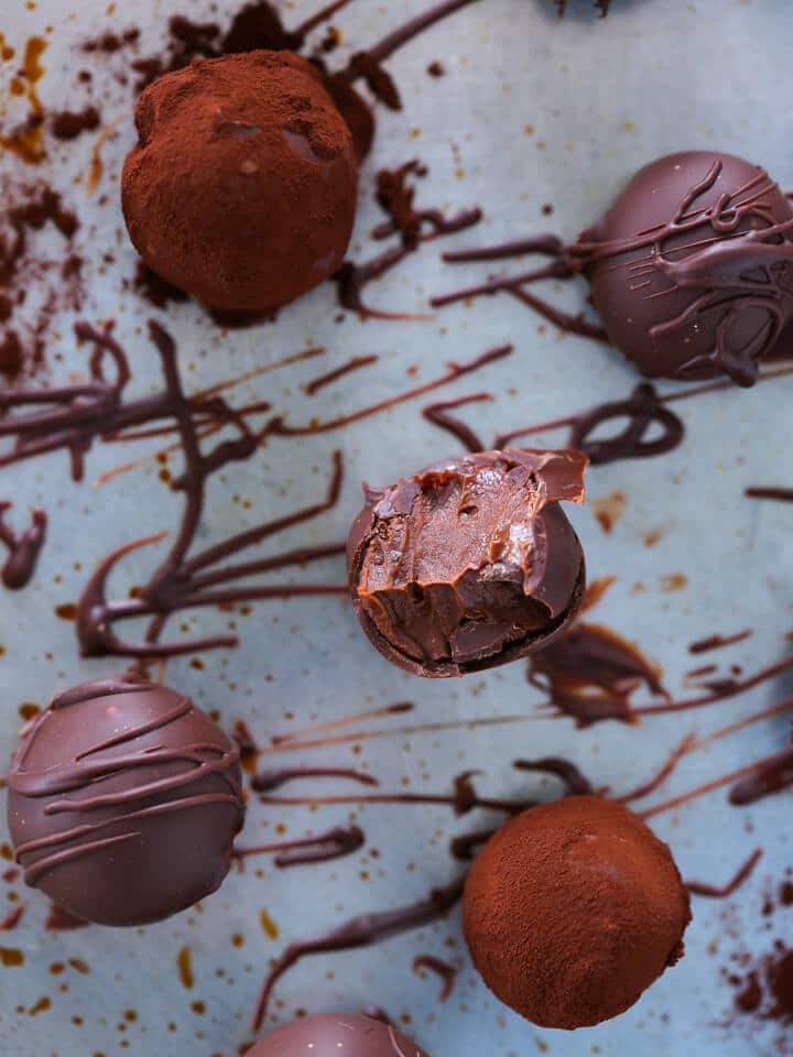 Chocolate Bourbon Truffles Overhead Bitten Powdered Dipped Valentine's Day Desserts