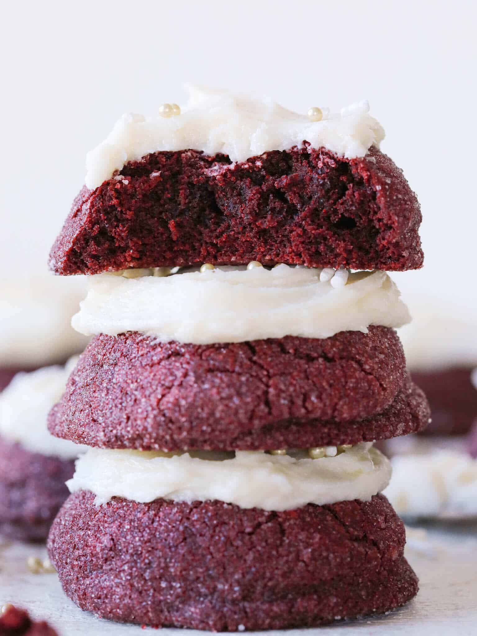 Stacked red velvet cookies deep red in color.