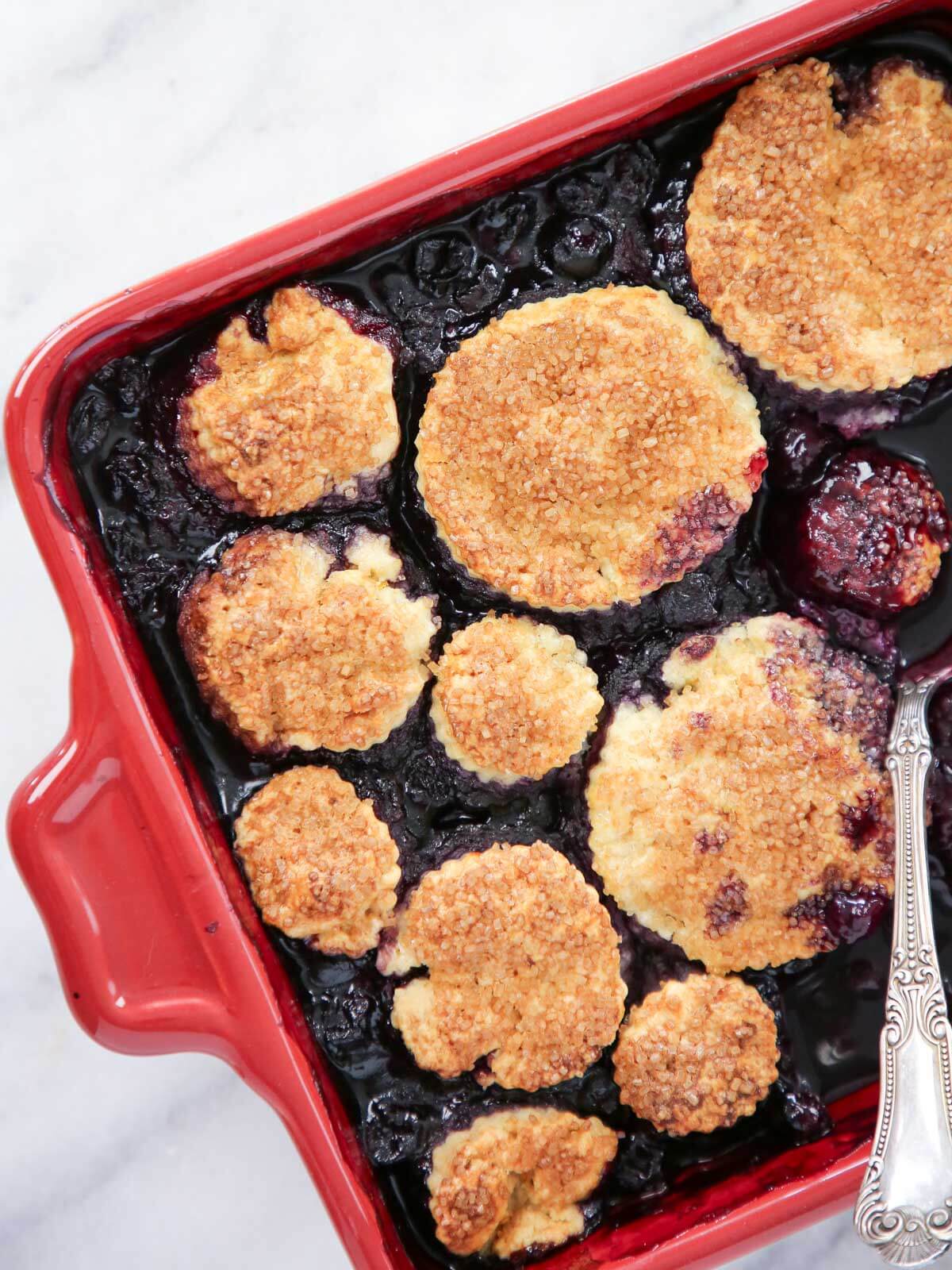 blueberry cobbler unserved in red baking dish.