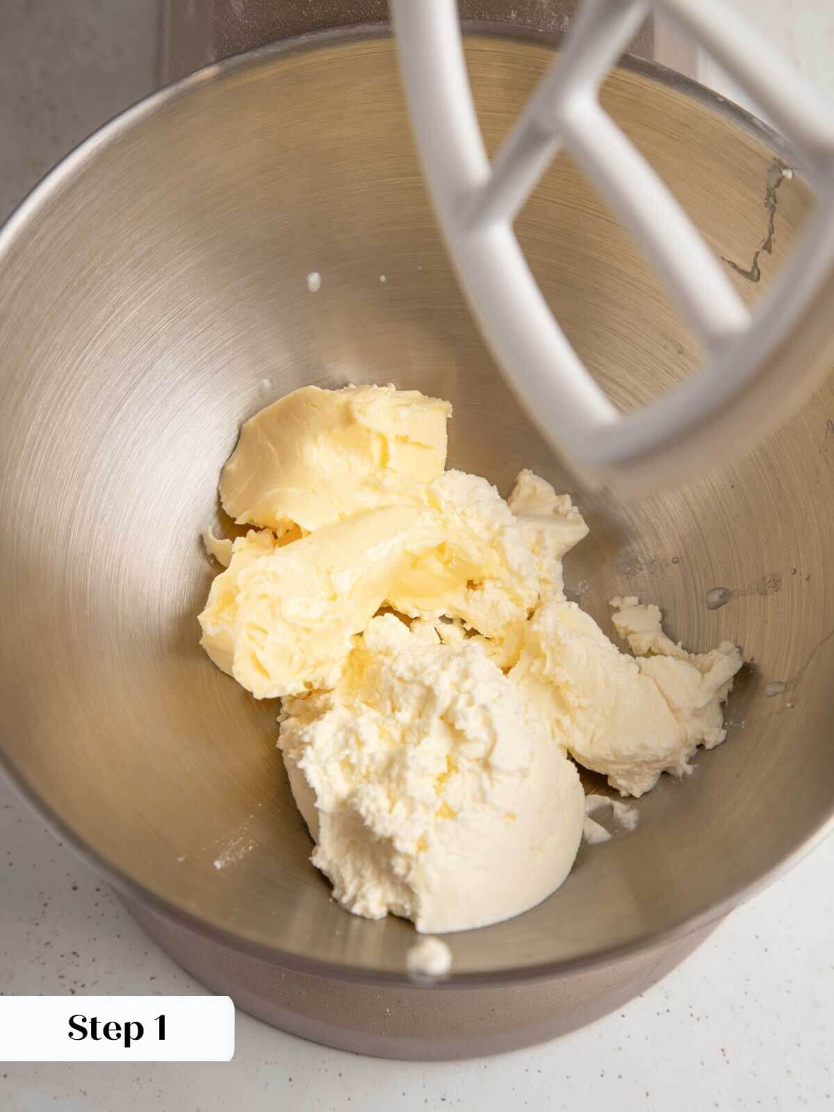 creaming butter and cream cheese for crust.