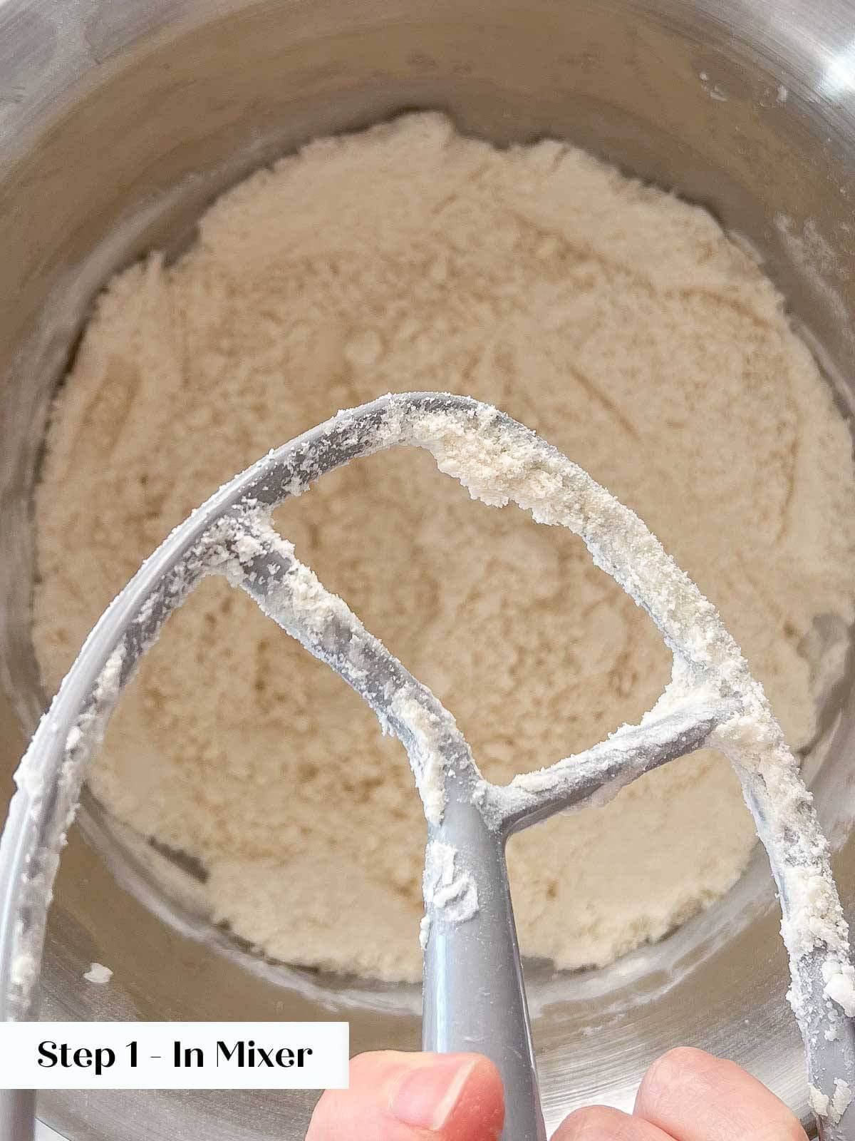 crisco cut in with a stand mixer shown on paddle attachment.