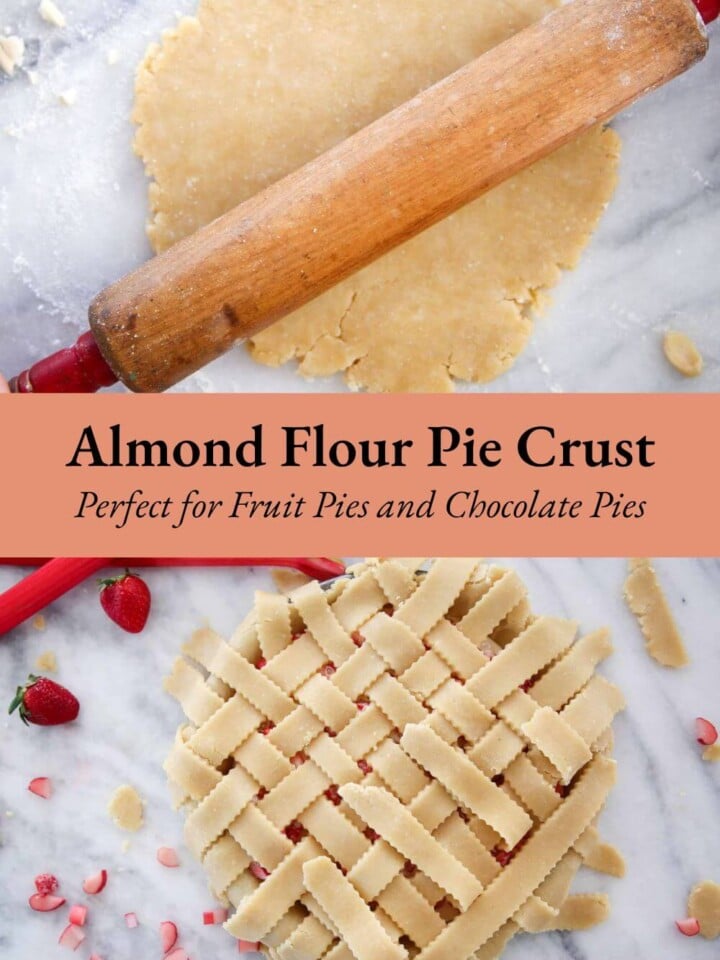 almond pie dough rolled out on marble and latticed pie.