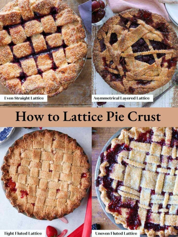 4 pictures of baked pies with different latticed crusts.
