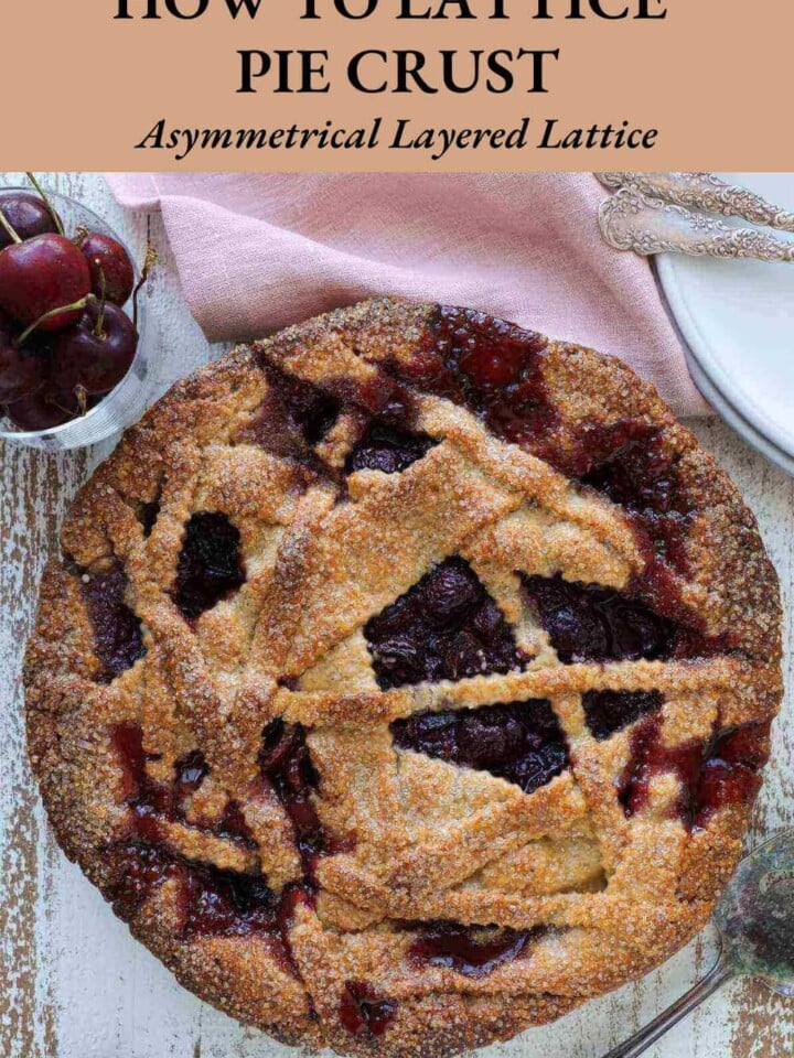 cherry pie with asymmetrical pie crust with text.