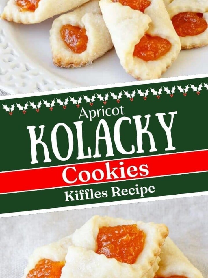 apricot kolacky cookies on white plate with text.
