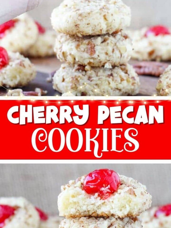 soft cherry pecan cookies with maraschino cherry on top and red text.