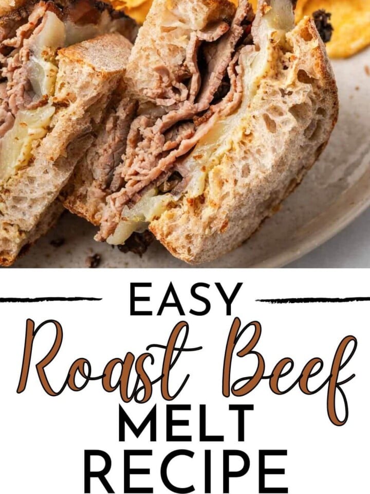 two pictures of roast beef sandwich split open with text.