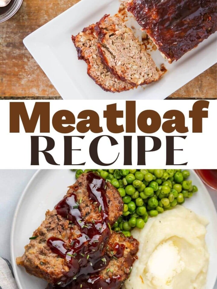 meatloaf sliced on dish and plated with text.