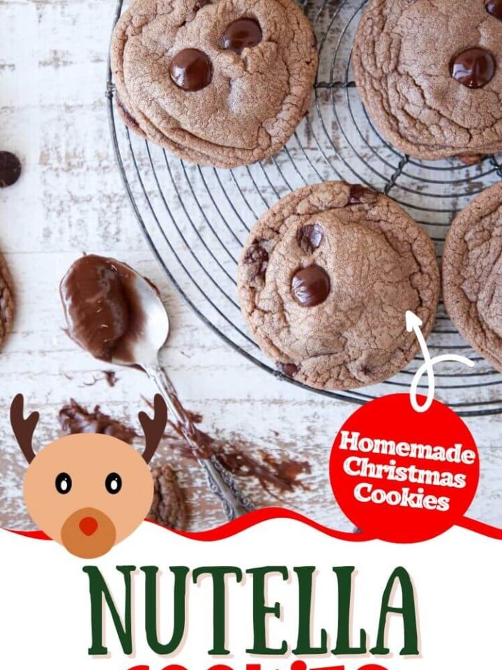 baked nutella cookies with chocolate chips on white board with text.