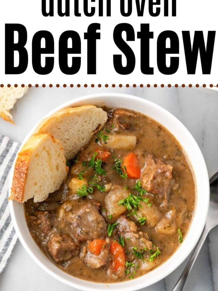 beef stew in white bowl on marble.