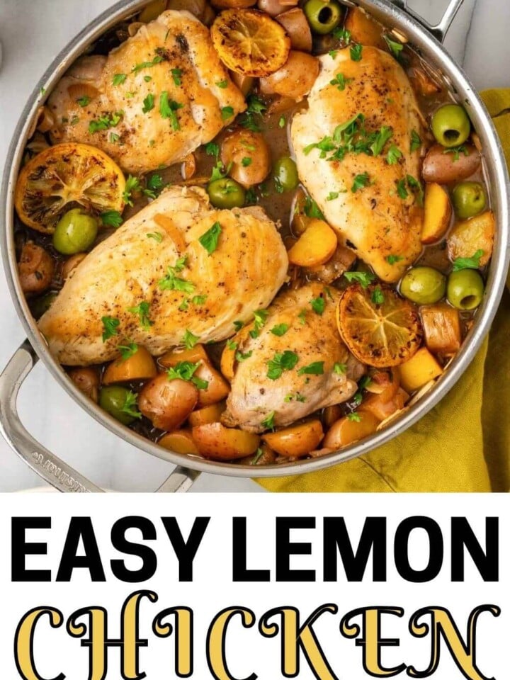lemon chicken in saute pan with sauce.