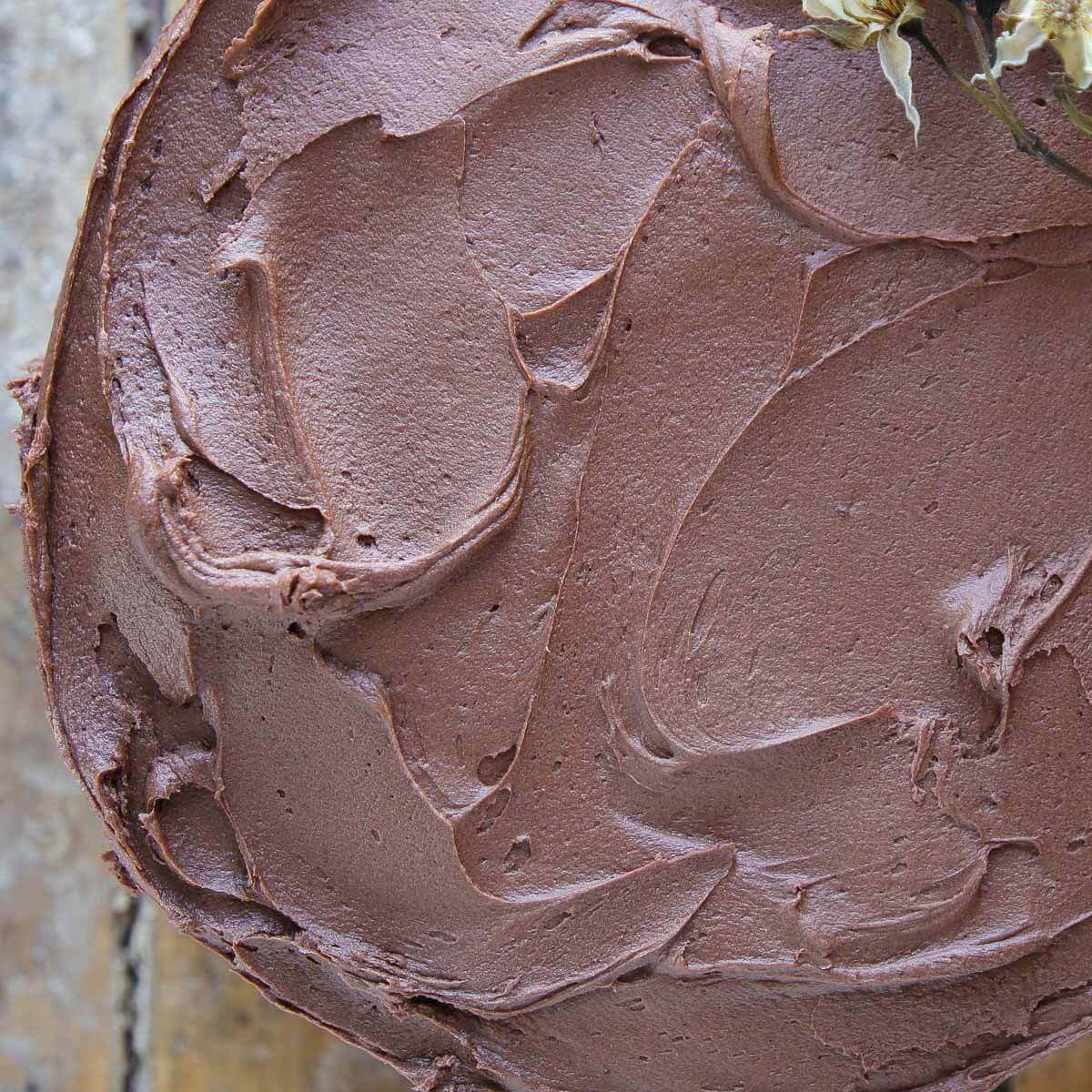 easy chocolate buttercream frosting on cake swirled.