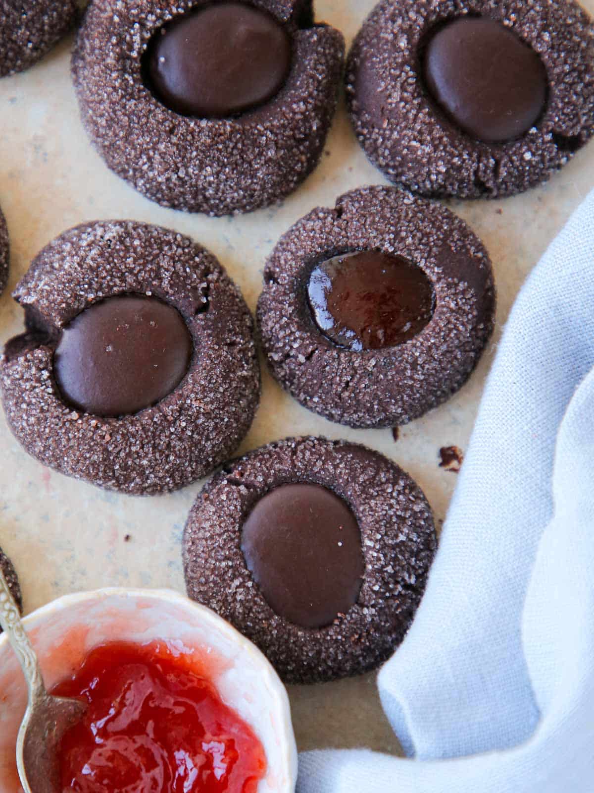 jam and chocolate filled chocolate thumbprints. 
