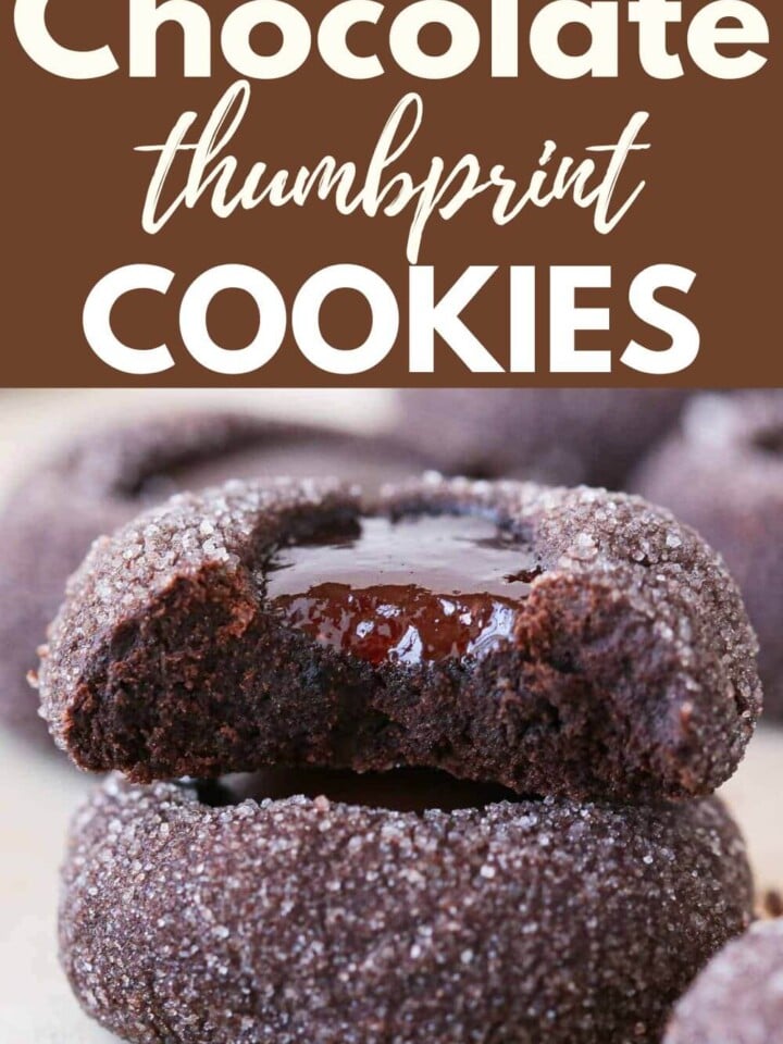 chocolate thumbprint cookies with raspberry filling and text.