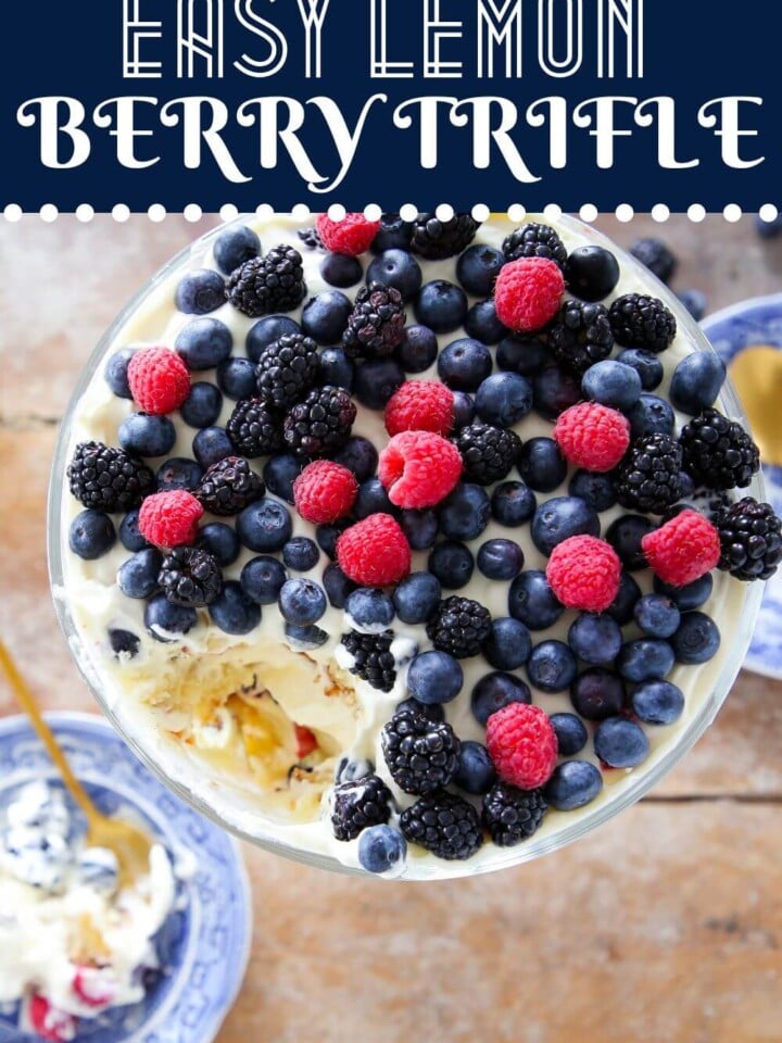 Lemon berry trifle with fresh berries on top.