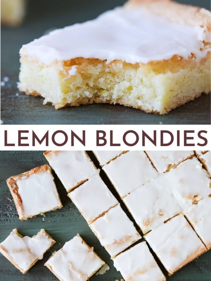 Lemon blondies in a group and one with a bite taken out of it.