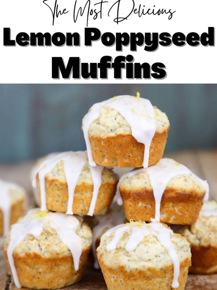 Lemon poppyseed muffins stacked with glaze dripping down the sides.
