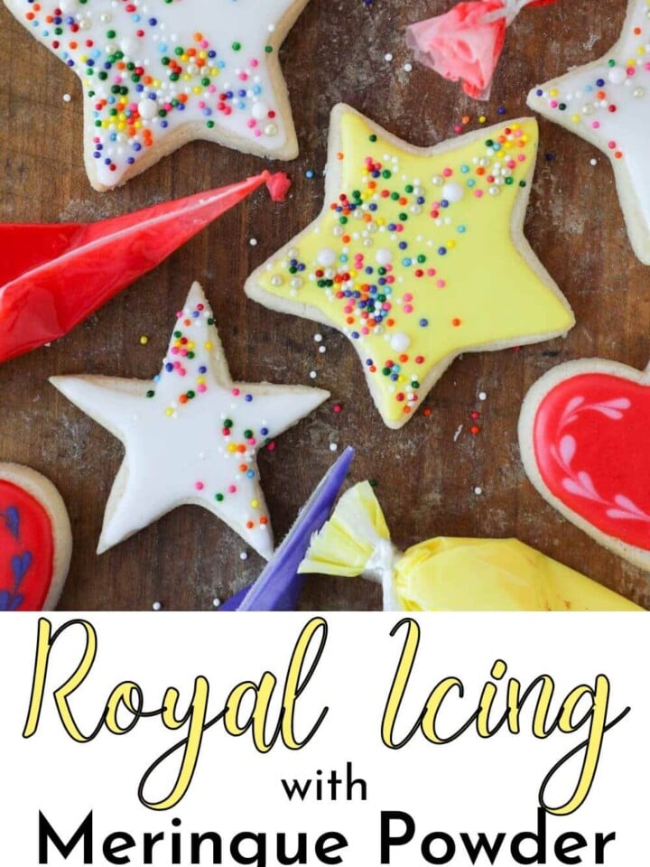 royal icing on star cookies and in piping bags.