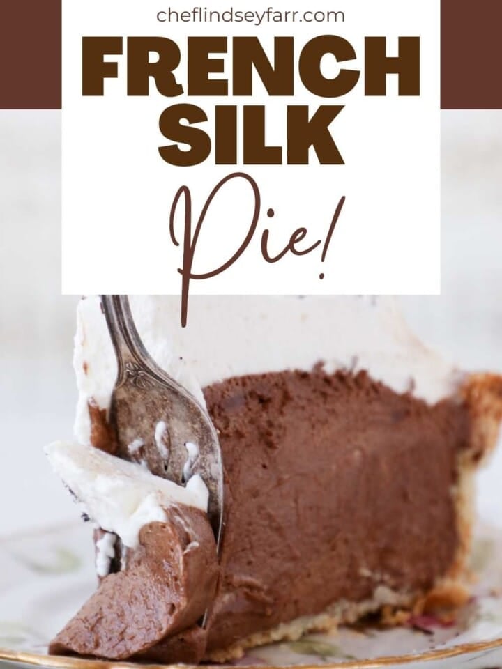 slice of french silk pie on fork.