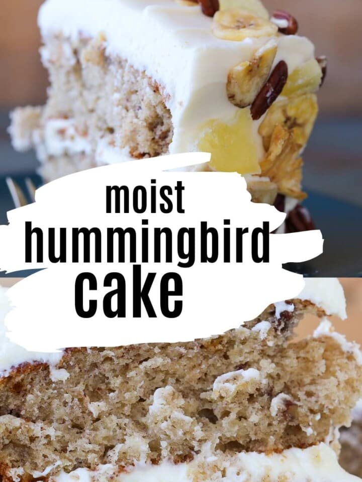 two photos of hummingbird cake with text overlay.