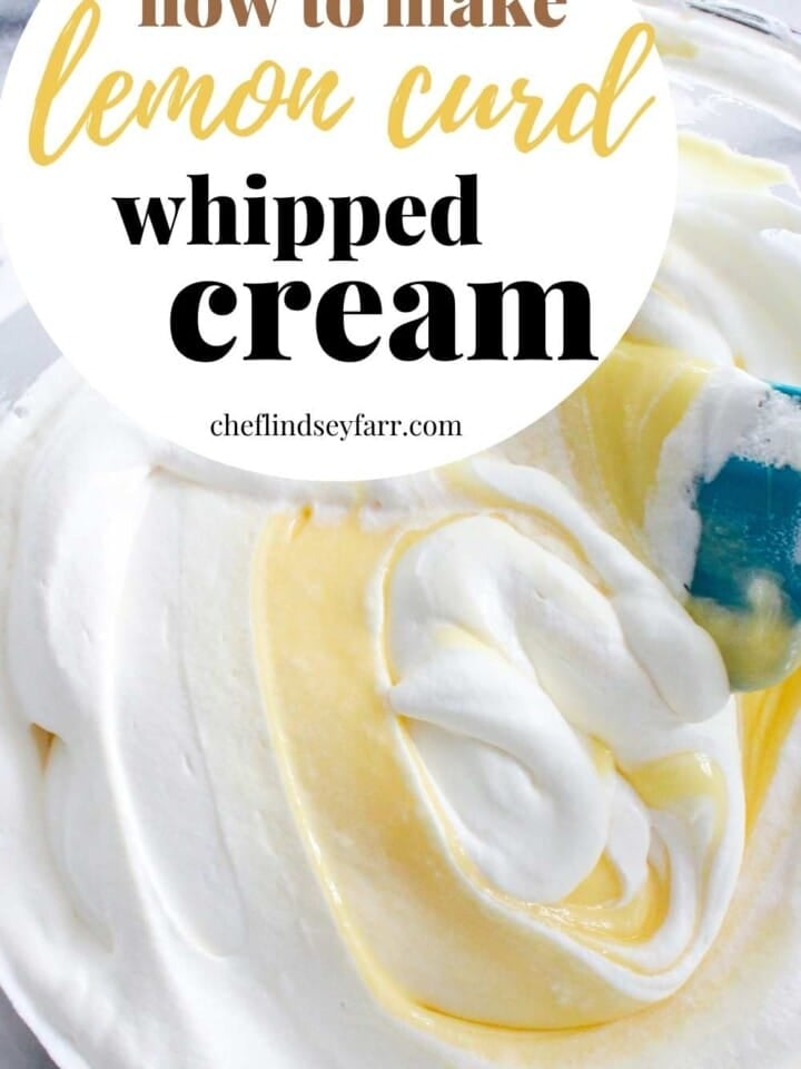 folding lemon curd into whipped cream with turquoise spatula.