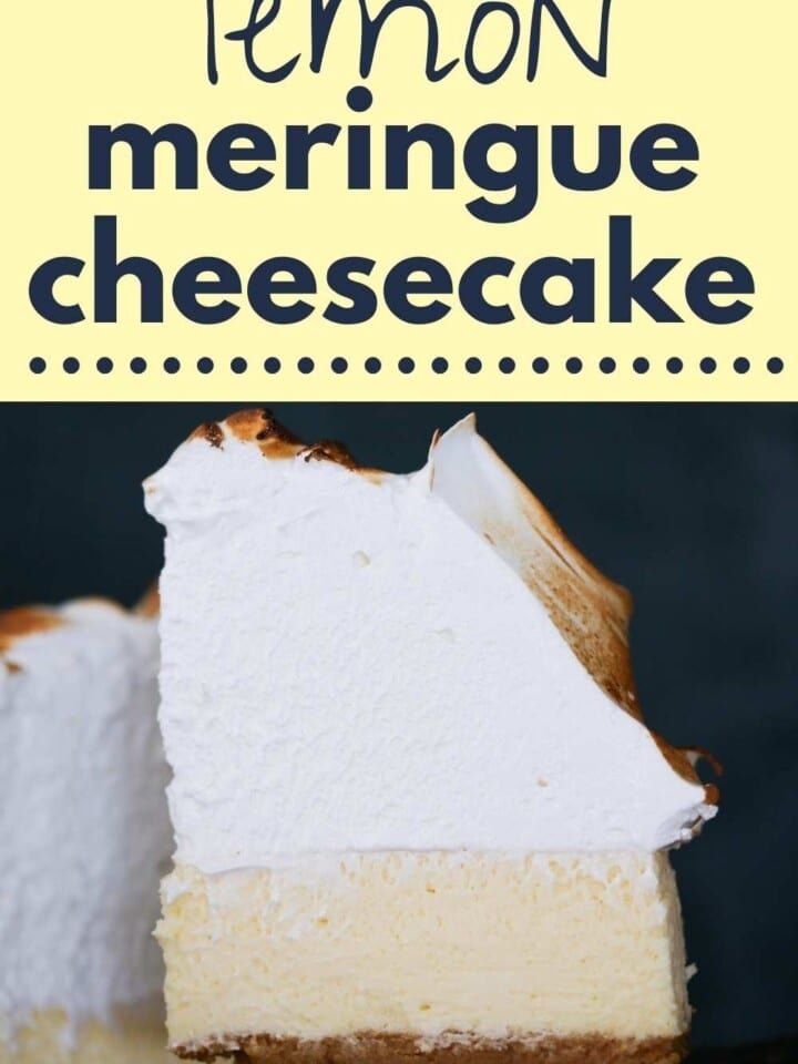 slice of lemon meringue cheese cake with black background.