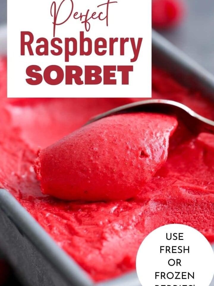 spoon scooping frozen raspberry sorbet with text.