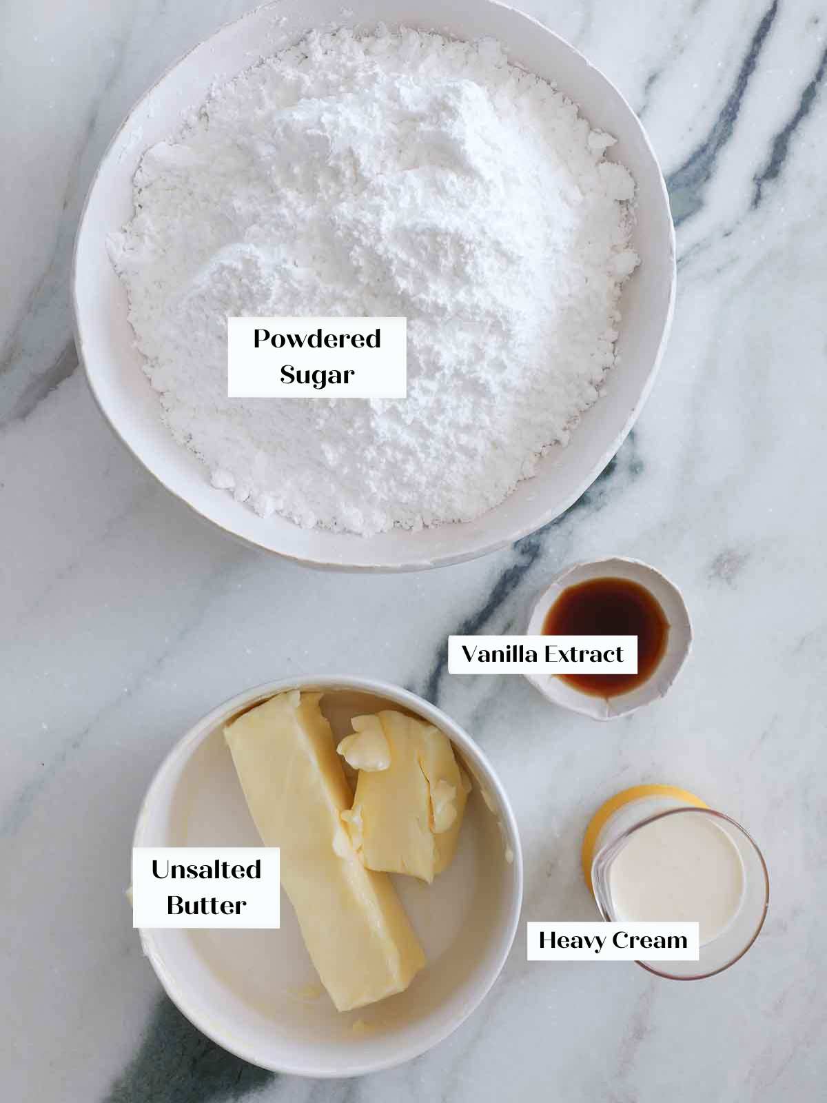 american buttercream ingredients on marble.