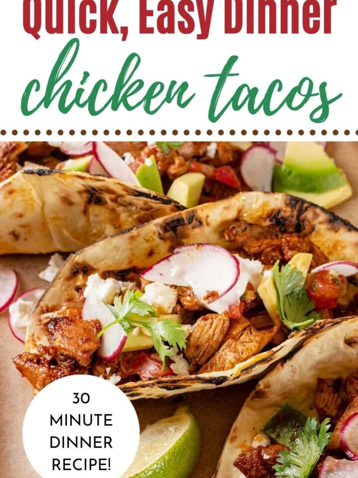 chicken taco with toppings with text.