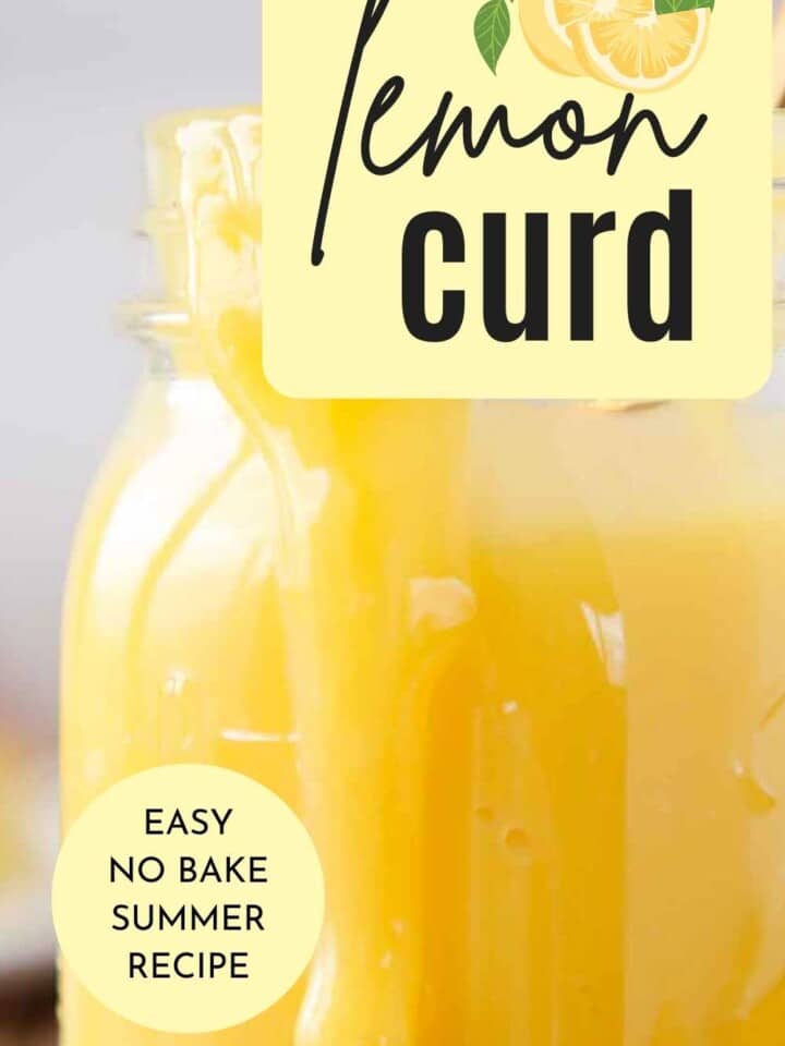 lemon curd dripping down side of jar with text overlay.