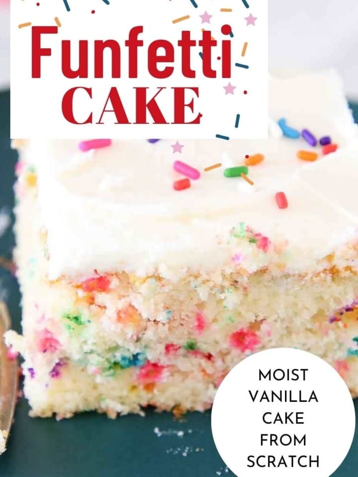 slice of funfetti cake with text.