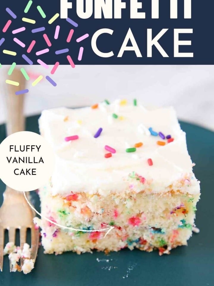 slice of funfetti cake with text and sprinkles graffic.