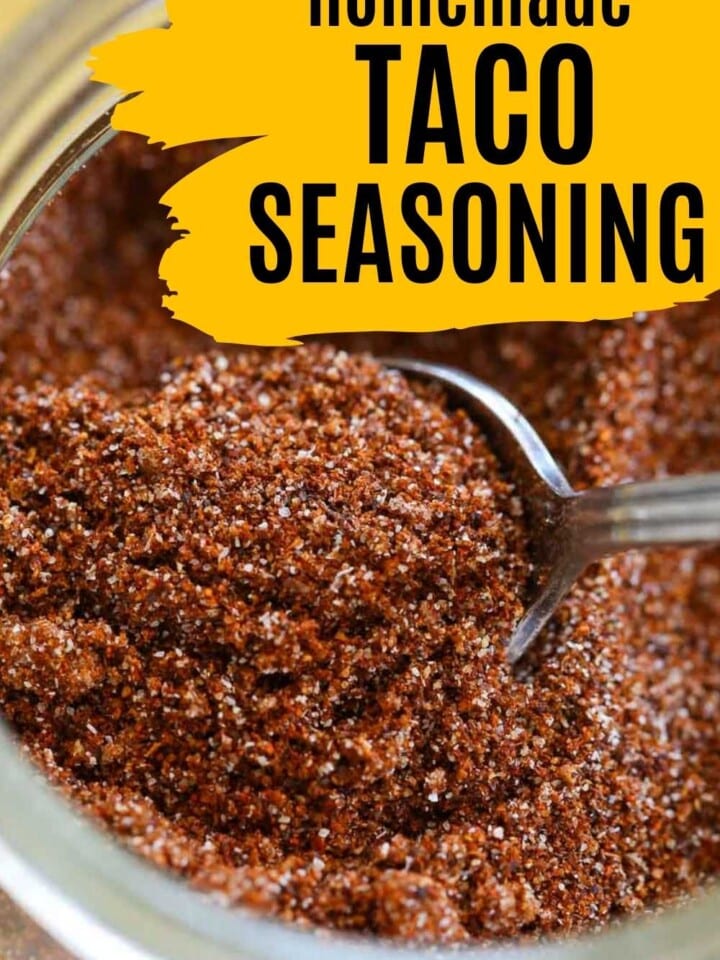 taco seasoning in jar wiht text.