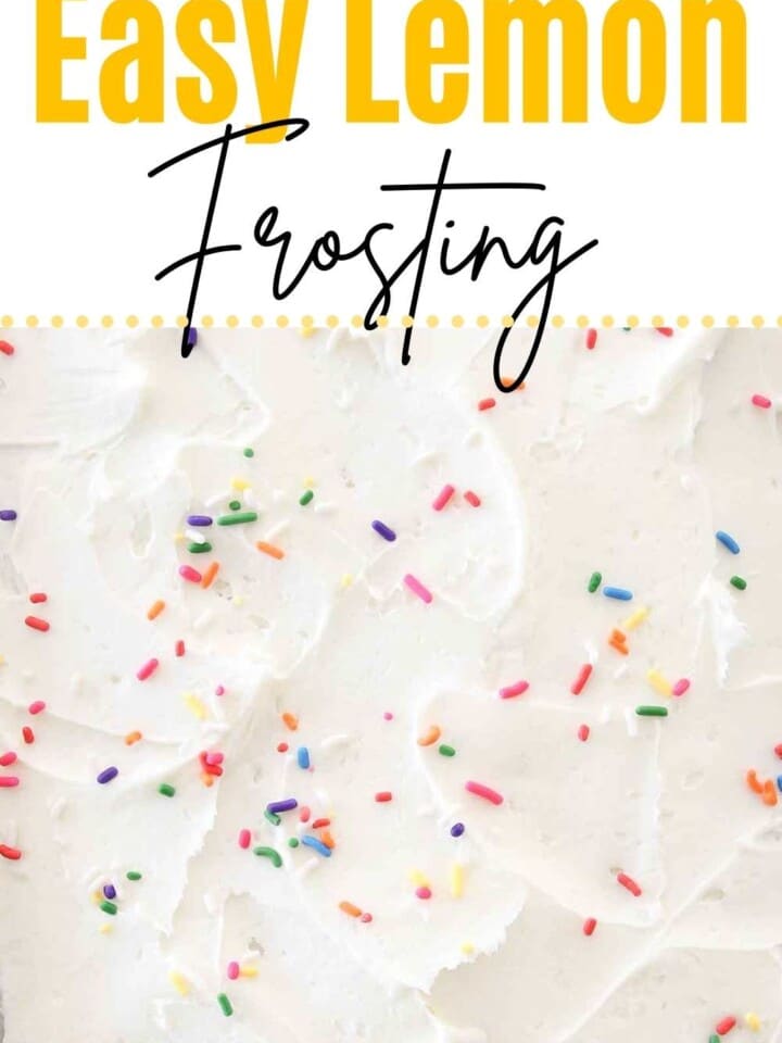 lemon frosting spread on cake with sprinkles and with text overlay.