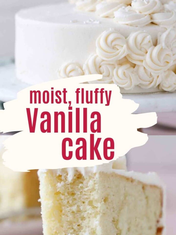 two photos of moist vanilla cake with text.