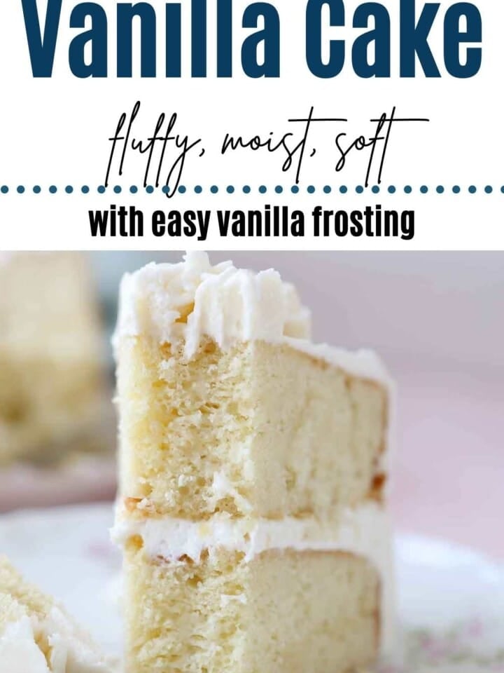 slice of moist vanilla cake with text.